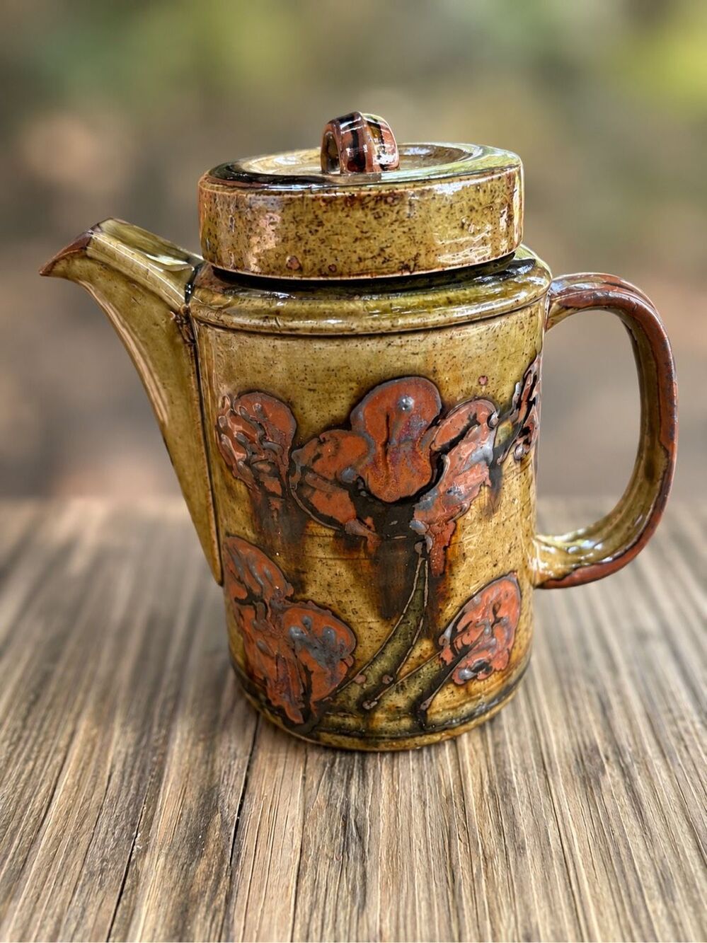 Studio Pottery Floral Teapot Stoneware Olive Brown Boho Folk Art Cottagecore